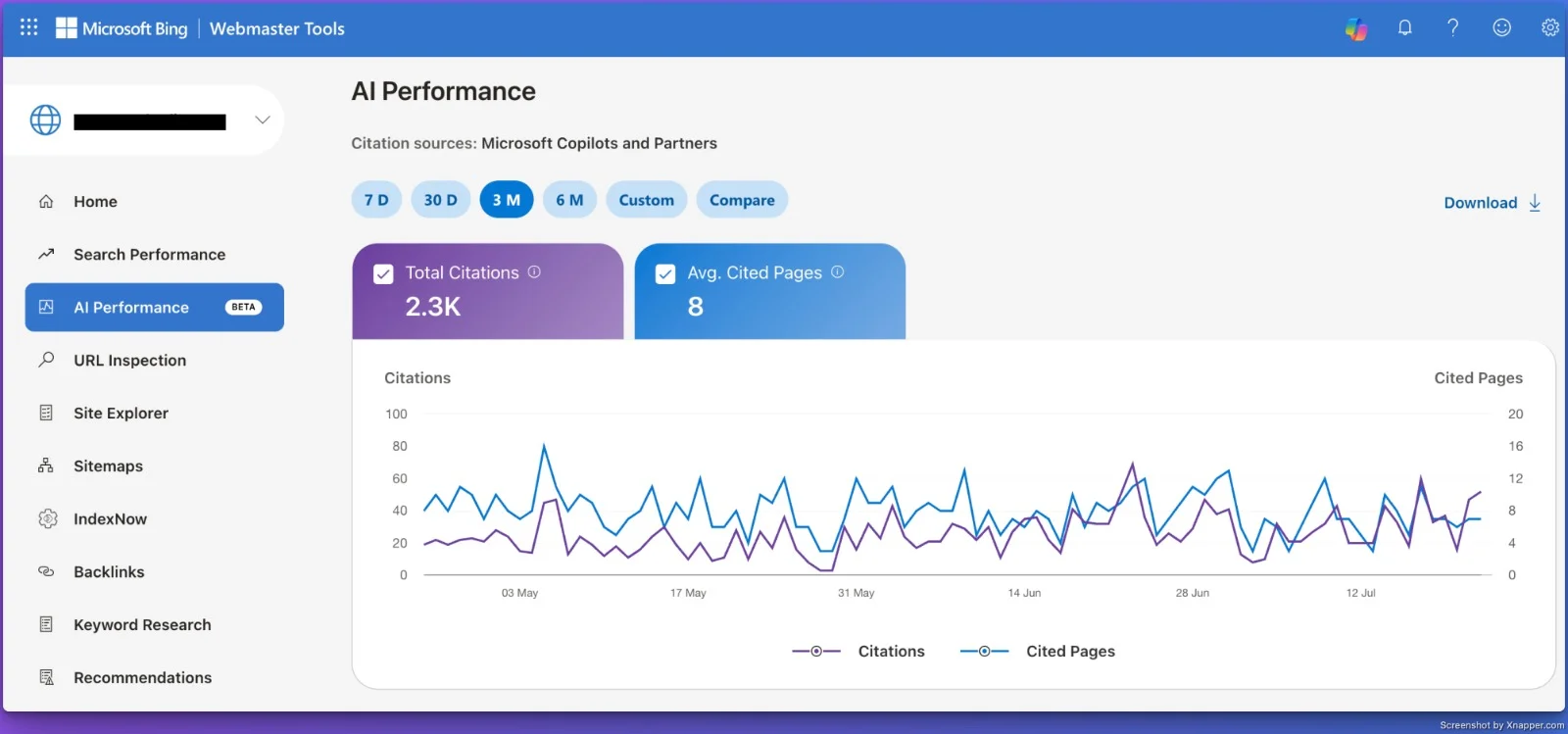 Bing AI Performance dashboard showing 2.3K Microsoft Copilot citations and 8 average cited pages over 3 months for a diamond / luxury site